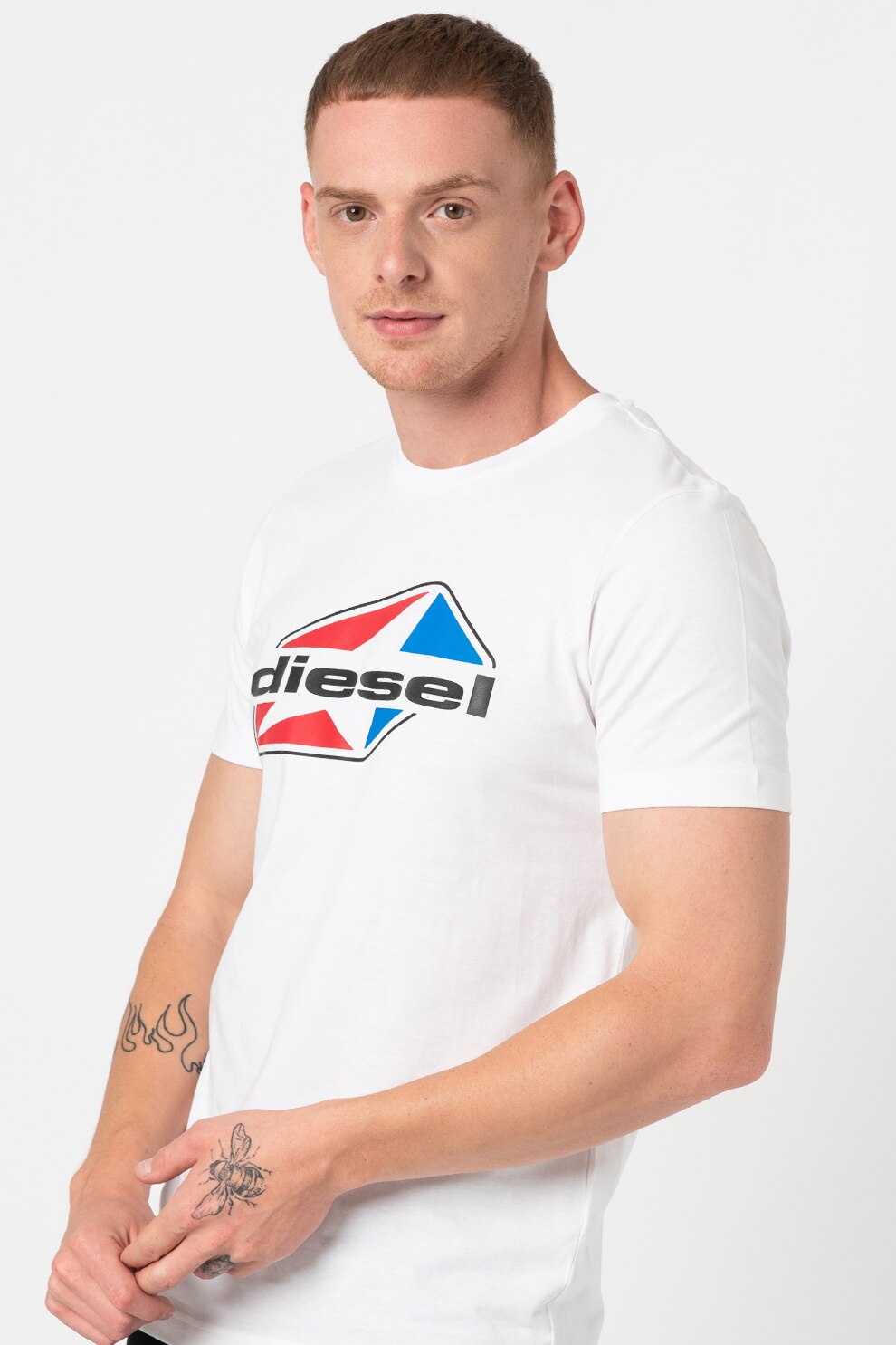 Diesel, Tricou de bumbac cu logo Diegos, Alb optic/Negru/Rosu, XL