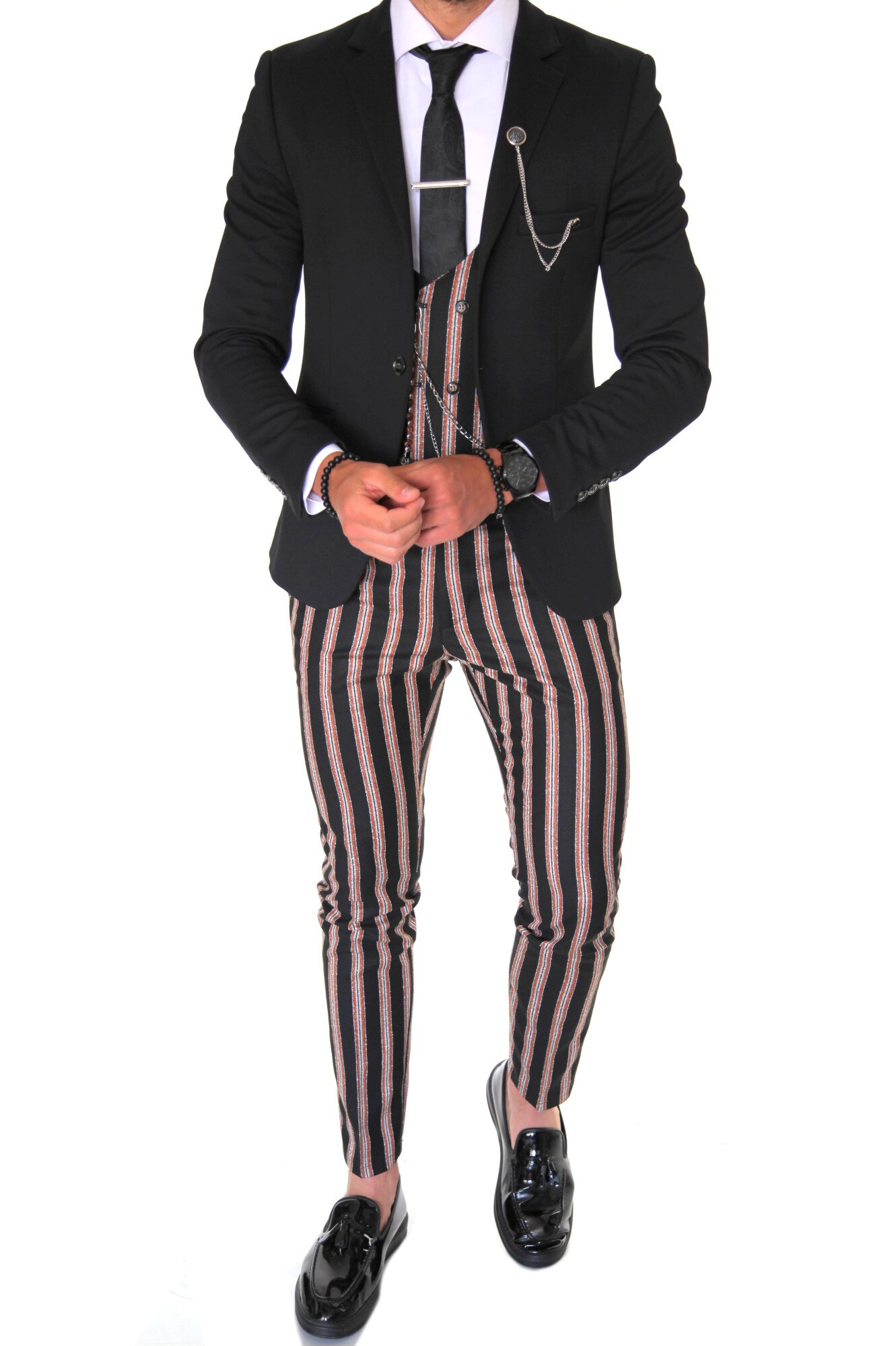 Costum negru, pentru barbati, slim fit, sacou, pantaloni, vesta, B4068, Negru