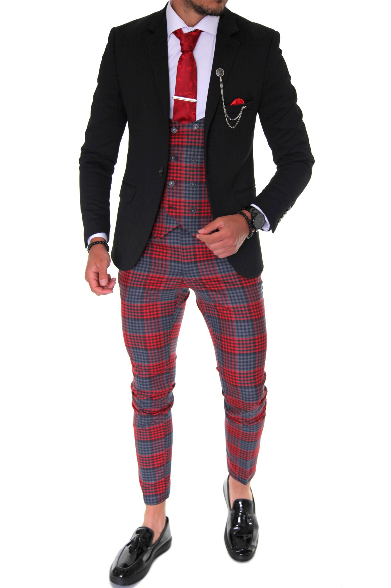 Costum negru, pentru barbati, slim fit, sacou, pantaloni, vesta, B4064, Negru