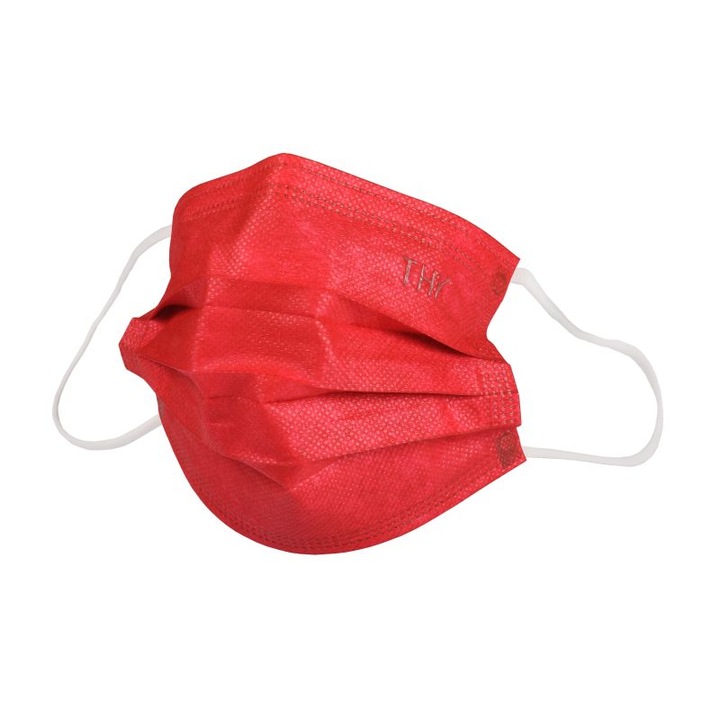Комплект от 5 броя медицински маски за лице THK, Индивидуално опаковани, 3 гънки, 3 слоя, Червен цвят