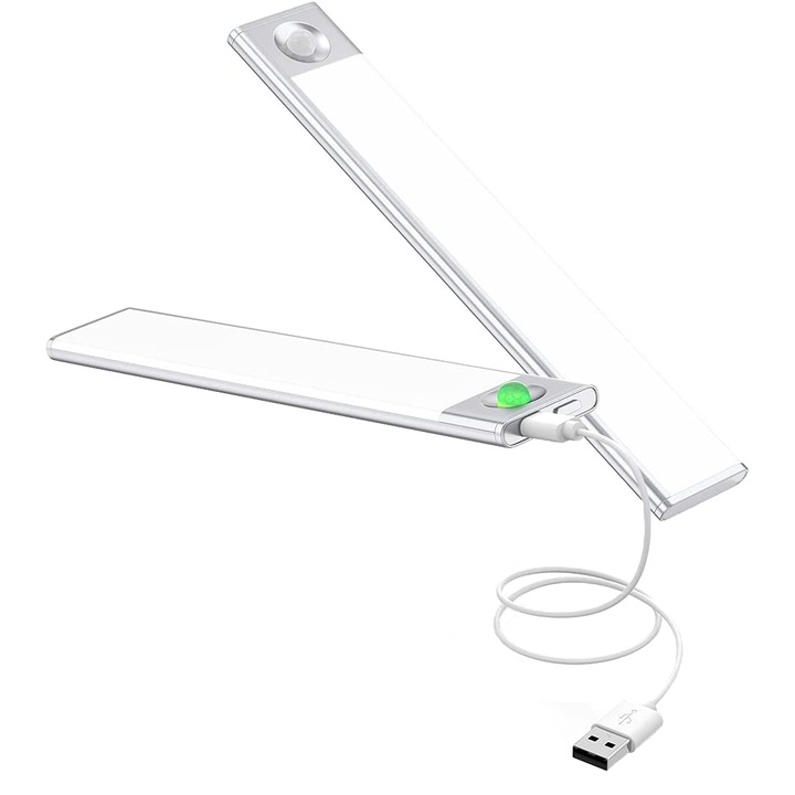 Set 2 lampi LED cu senzor de miscare si reincarcare prin USB, fara fir, cu suport magnetic, pentru dressing, dulap de bucatarie, baie, hol, scari, portabila, lumina calda, ultra-subtire, 20cm