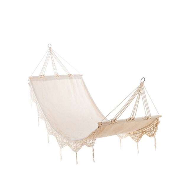 Hamac clasic single ETNO, pentru curte sau gradina, cu franjuri, 200x80cm, bej, cu 2 x franghie suspendare hamac, lungime 3m, carlige prindere metal