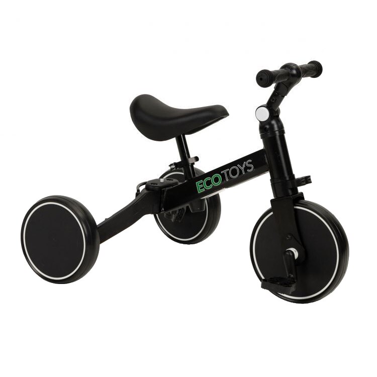Bicicleta de echilibru 4 in 1, cadru metalic, negru, sa moale reglabila, manere antiderapante, roti EVA, suport pedale