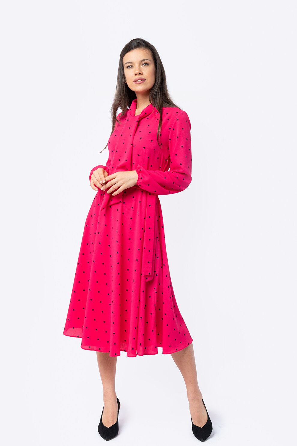 Couture de Marie, Rochie evazata cu imprimeu si funda din panglici, Roz aprins/Negru