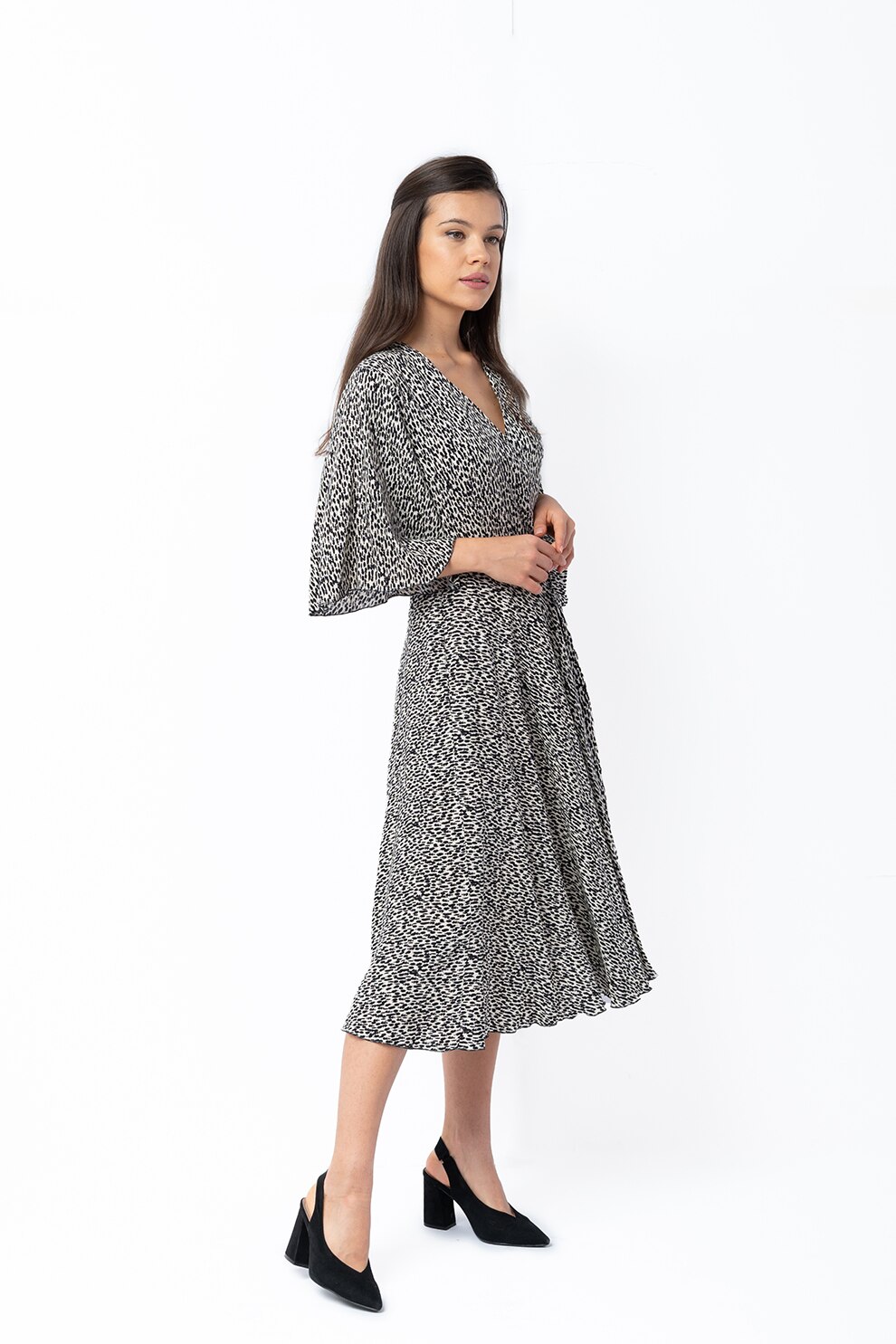 Couture de Marie, Rochie midi evazata cu imprimeu, Alb/Negru