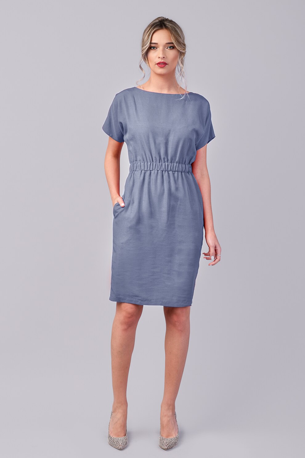 Couture de Marie, Rochie dreapta cu buzunare laterale, Albastru prafuit, L