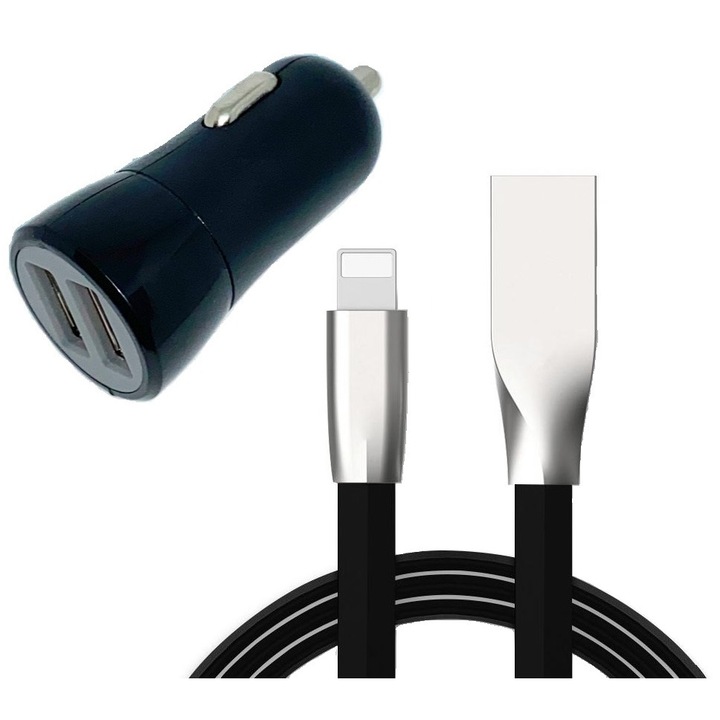 Set incarcator auto telefon 2x USB si cablu 1m Xlevel, capete zincate, 2.4A total, compatibil Apple iPhone, negru