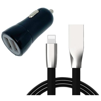 Set incarcator auto telefon 2x USB si cablu 1m Xlevel, capete zincate, 2.4A total, compatibil Apple iPhone, negru Set incarcator auto telefon 2x USB si cablu 1m Xlevel, capete zincate, 2.4A total, compatibil Apple iPhone, negru