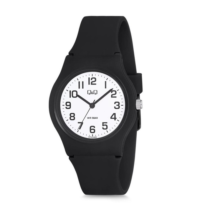 Q&Q analóg unisex karóra, fekete színű műanyag tok, fekete műanyag szíj, fehér számlap, ásványüveg, quartz szerkezet, 50 m (5 ATM) vízállóság - CP02J800Y