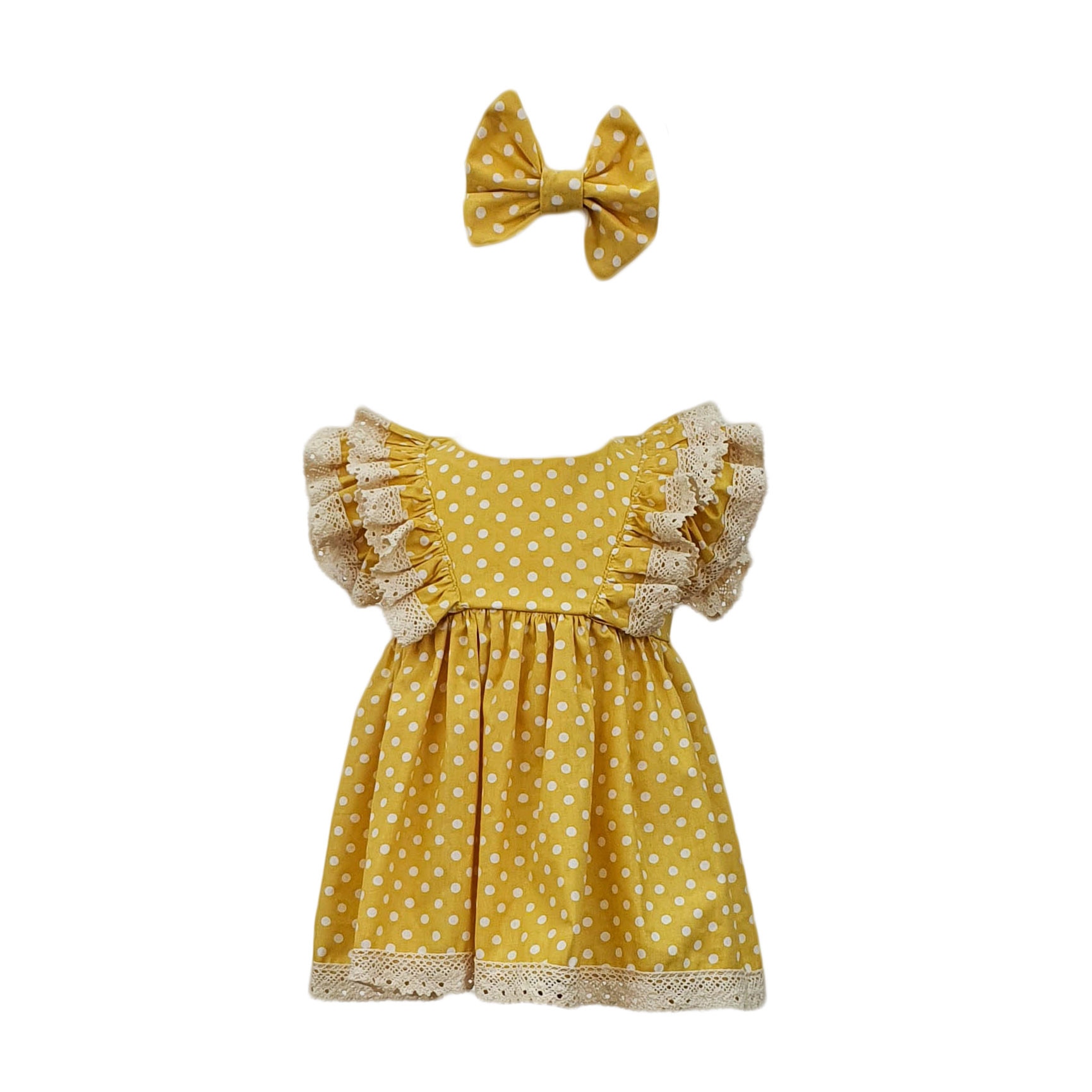 Rochita botez cu maneca scurta, 2 piese, culoare galbena, varsta 6 luni