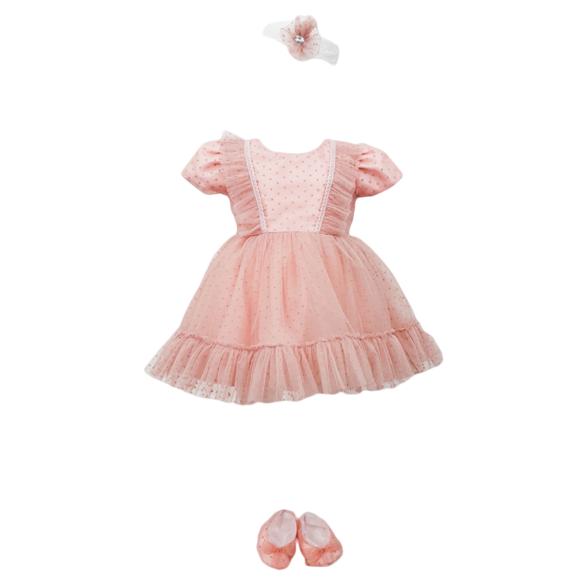 Rochita botez cu maneca scurta, 3 piese, culoare roz, varsta 3 luni