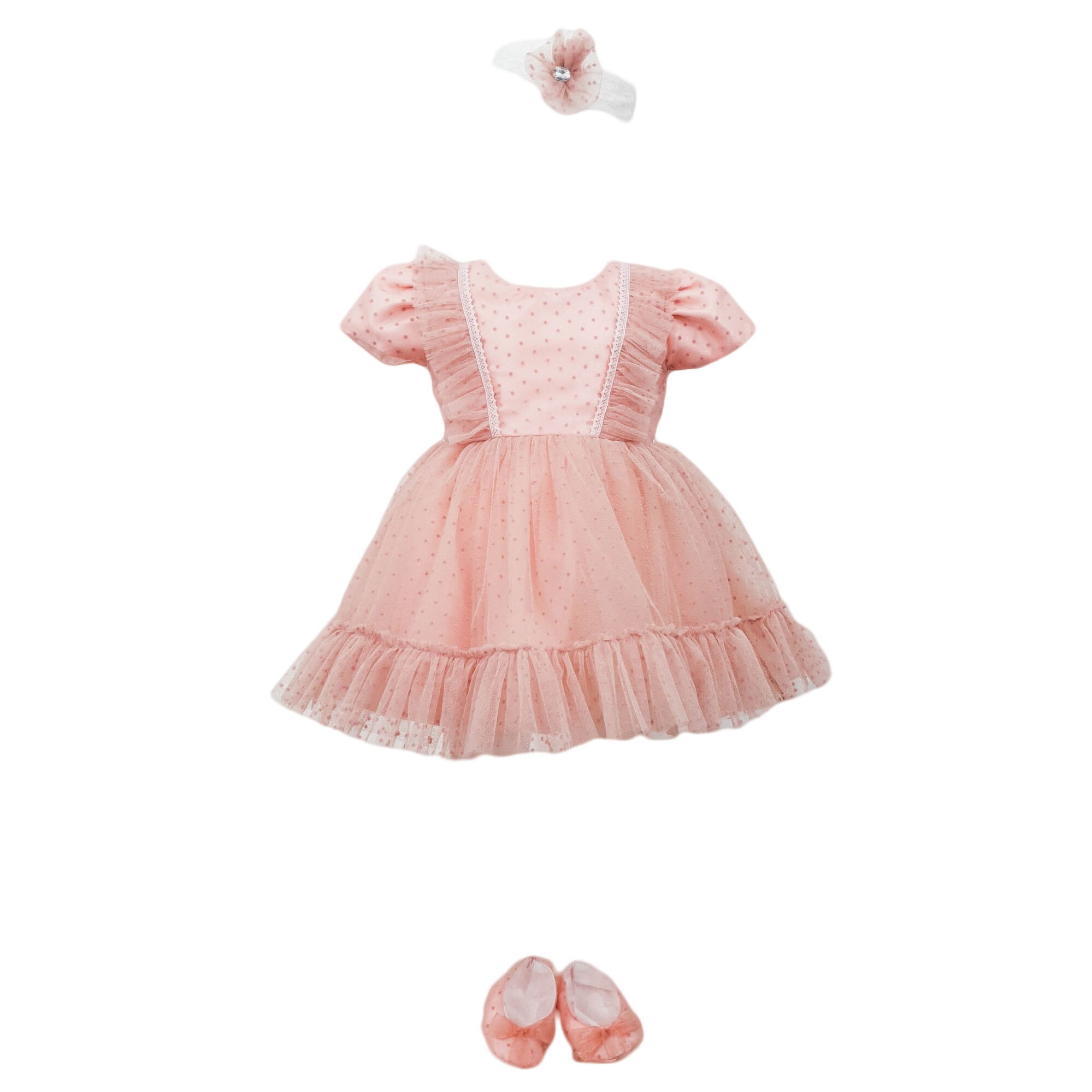 Rochita botez cu maneca scurta, 3 piese, culoare roz, varsta 9 luni