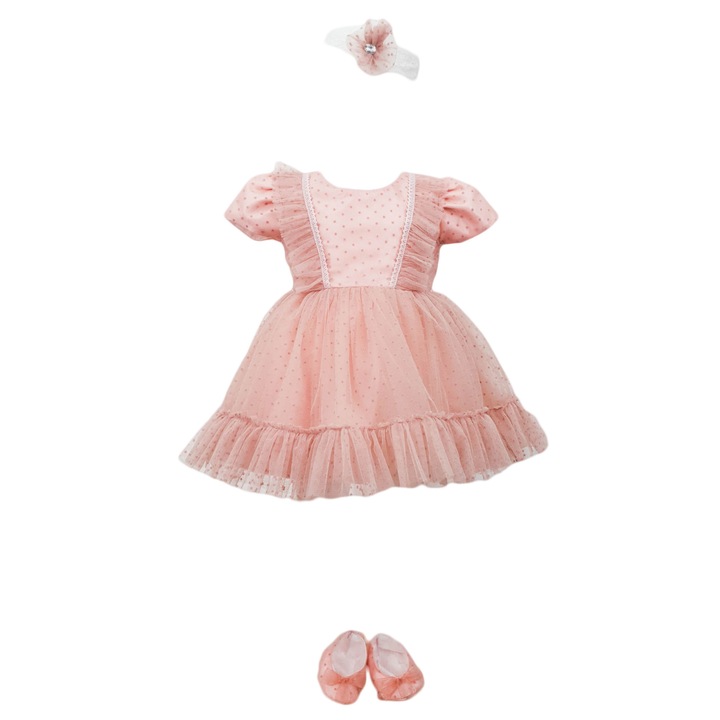 Rochita botez cu maneca scurta, 3 piese, culoare roz, varsta 9 luni