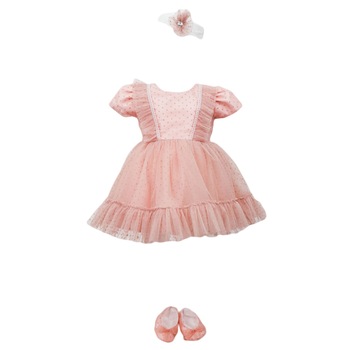 Rochita botez cu maneca scurta, 3 piese, culoare roz, varsta 9 luni Rochita botez cu maneca scurta, 3 piese, culoare roz, varsta 9 luni
