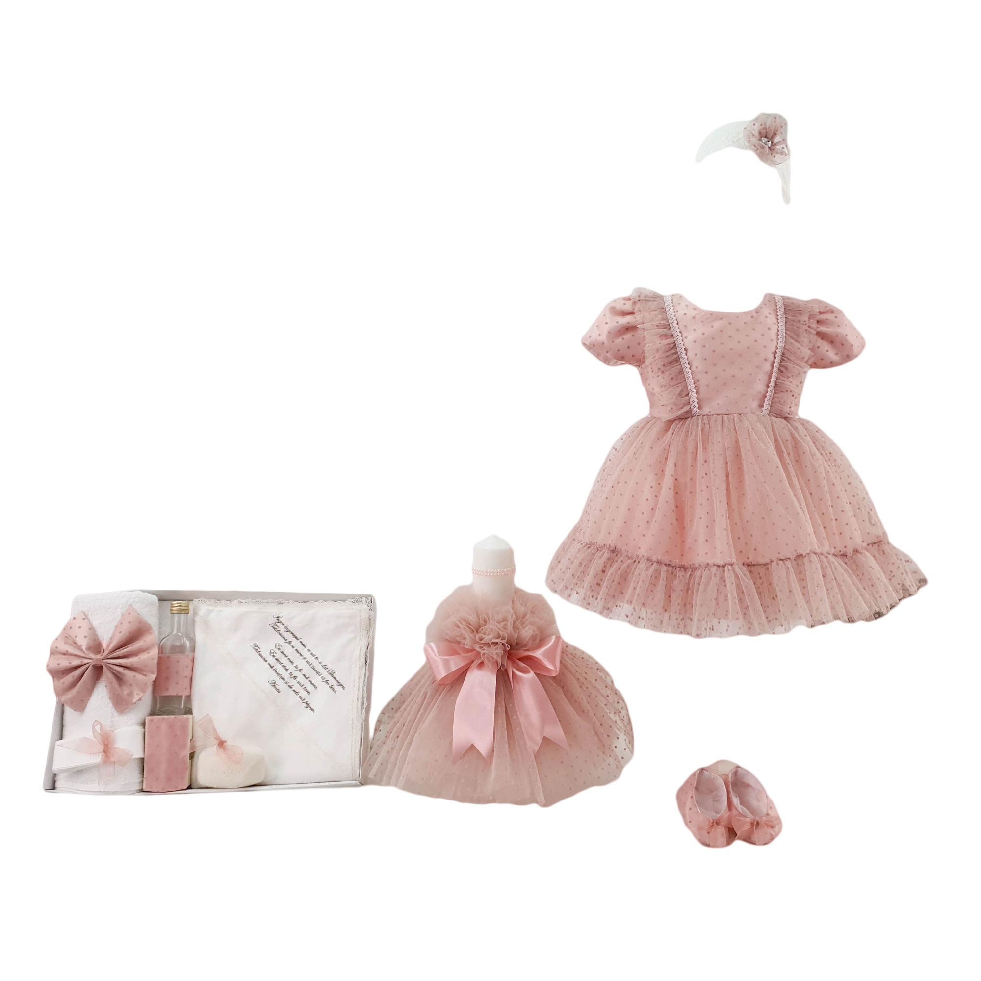 Set botez fetite, 3 piese, culoare roz, varsta 6 luni