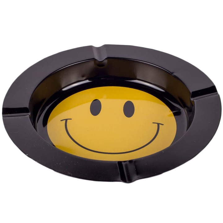 Кръгъл черен метален пепелник Shopiens® Smile Yellow, 14 х 2 см