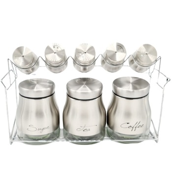 Set condimente Elegant , 8 Piese Depozitare pentru Zahar/Cafea/Ceai, Condimente , Suport Metalic , Silver Set condimente Elegant , 8 Piese Depozitare pentru Zahar/Cafea/Ceai, Condimente , Suport Metalic , Silver