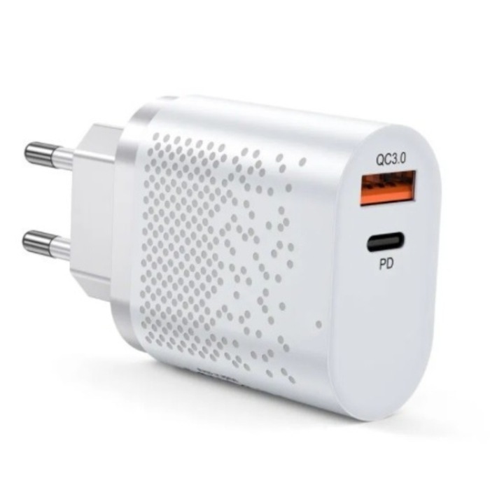 Incarcator Fast Charge cu Port USB Tip C, pentru Priza si Retea 220V, Incarcare Rapida, ABS Premium Alb, Garami Shop®