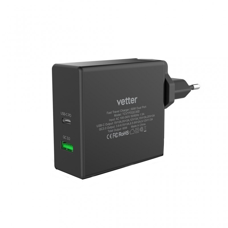 Incarcator Fast Travel Charger with PD Charge, 60W Dual Port, USB C QC 3.0