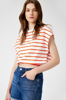 KOTON, Tricou cu decolteu la baza gatului si model in dungi, Alb/Oranj mandarina KOTON, Tricou cu decolteu la baza gatului si model in dungi, Alb/Oranj mandarina