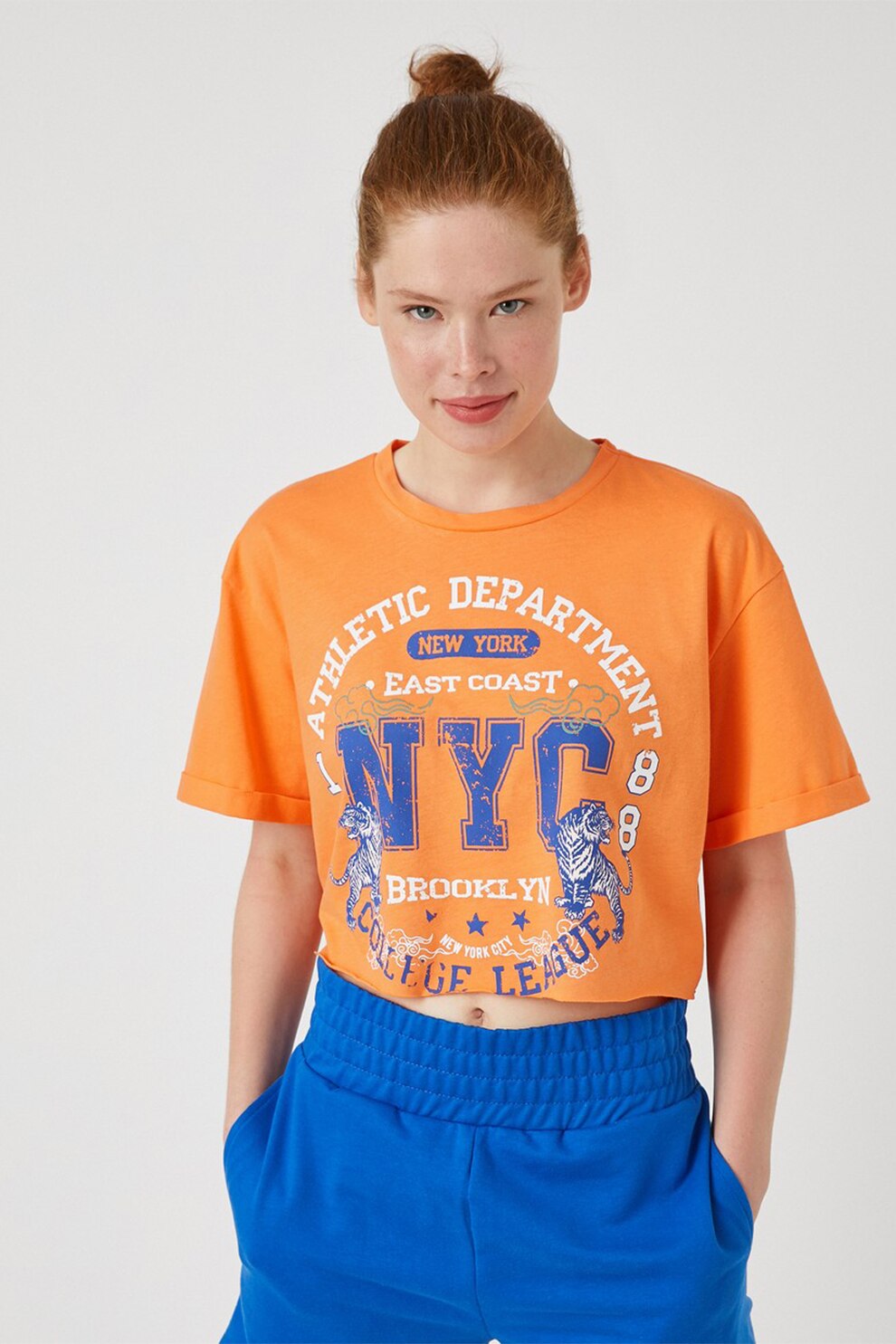 KOTON, Tricou crop de bumbac cu imprimeu, Oranj/Alb/Albastru royal