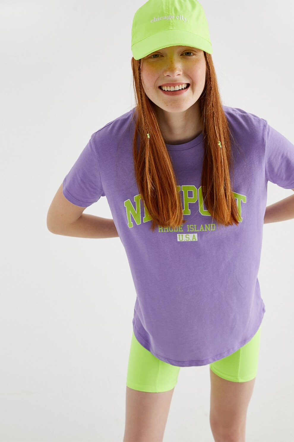 KOTON, Tricou de bumbac cu imprimeu, Purpuriu deschis/Verde lime, XS