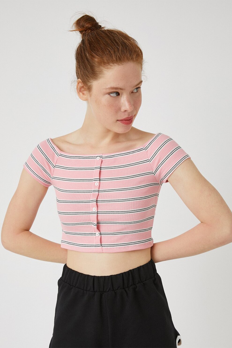 KOTON, Tricou in dungi cu decolteu pe umeri, Roz/Negru/Alb
