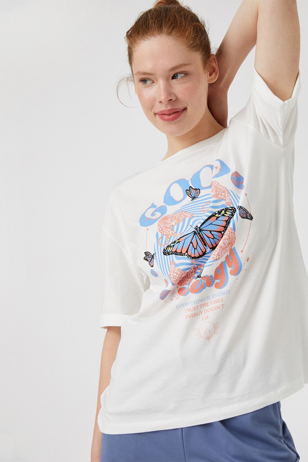 KOTON, Tricou cu decolteu la baza gatului si imprimeu, Alb/Albastru lavanda/Roz piersica