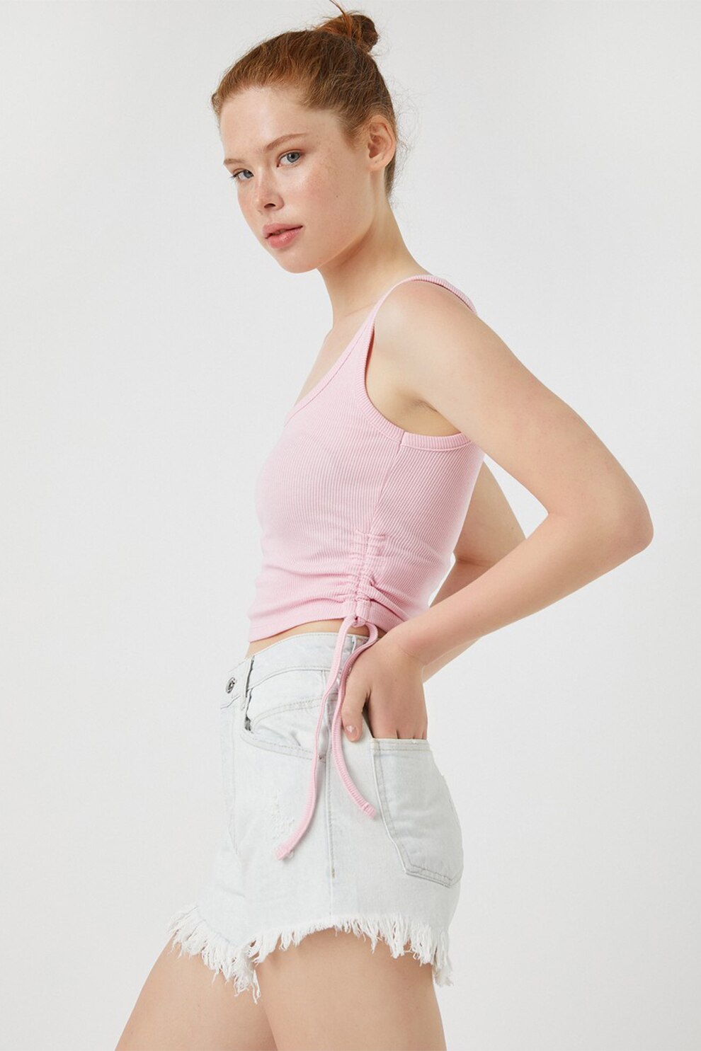 KOTON, Top crop cu snururi de ajustare laterale, Roz pal