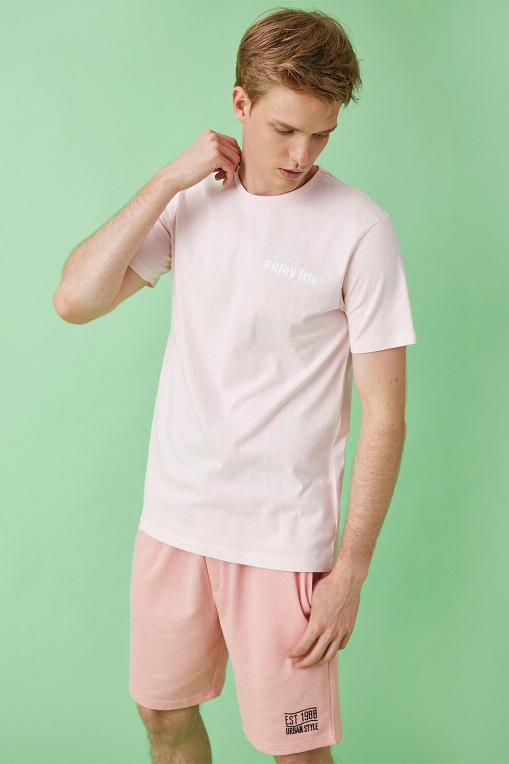 KOTON, Tricou cu decolteu la baza gatului si imprimeu text, Roz pal/Alb
