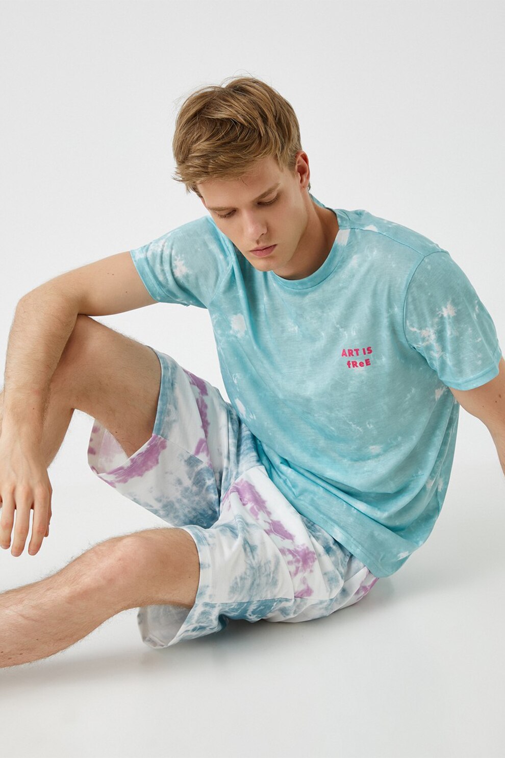 KOTON, Tricou cu model tie dye, Turcoaz/Alb, S