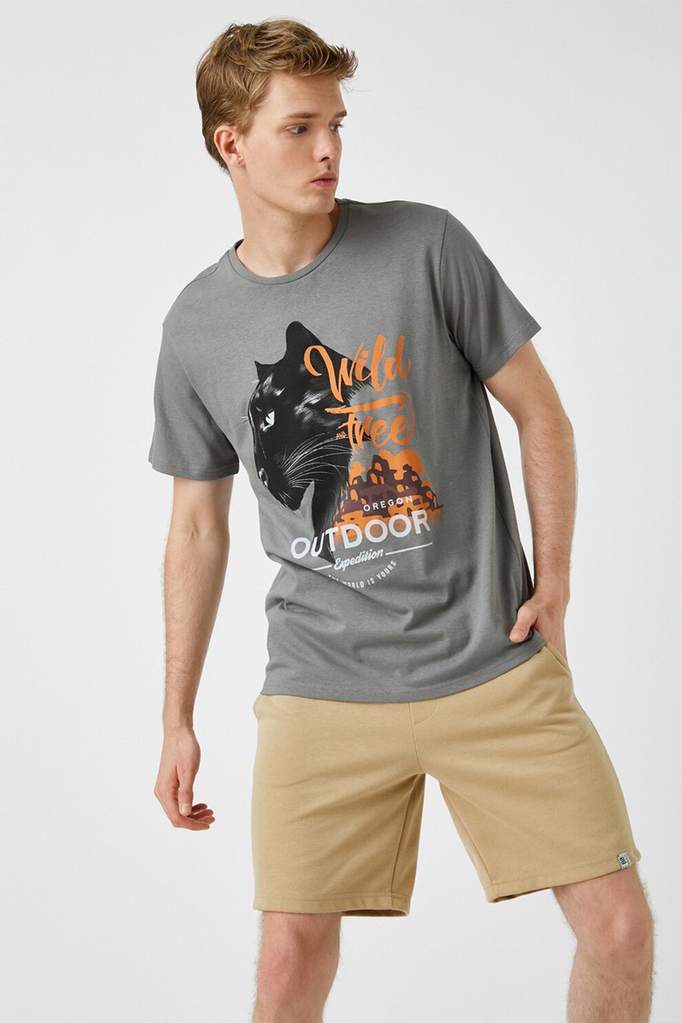 KOTON, Tricou de bumbac cu decolteu la baza gatului si imprimeu grafic, Gri inchis/Negru/Oranj, S