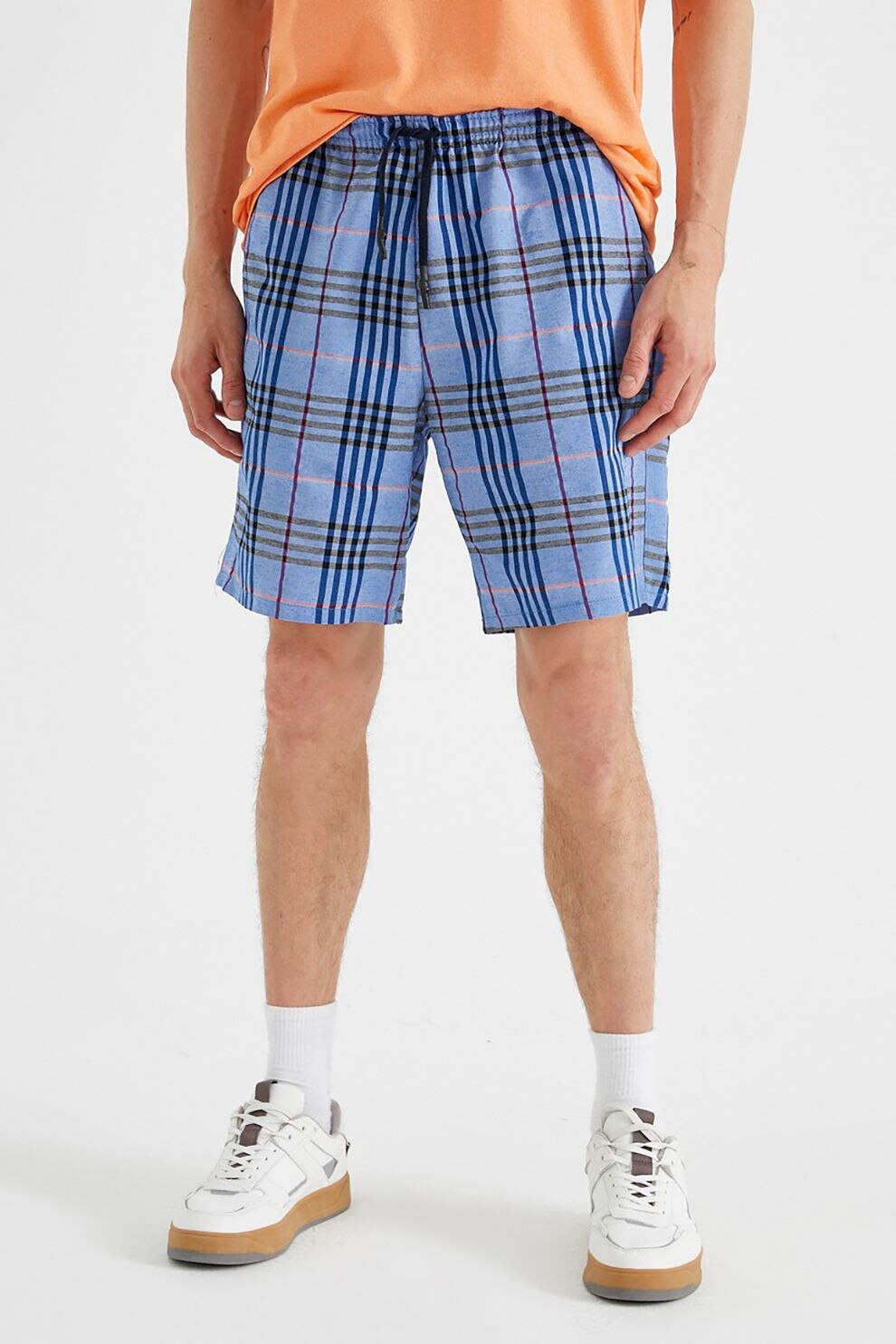 KOTON, Pantaloni scurti cu imprimeu in carouri, Albastru/oranj/violet pruna