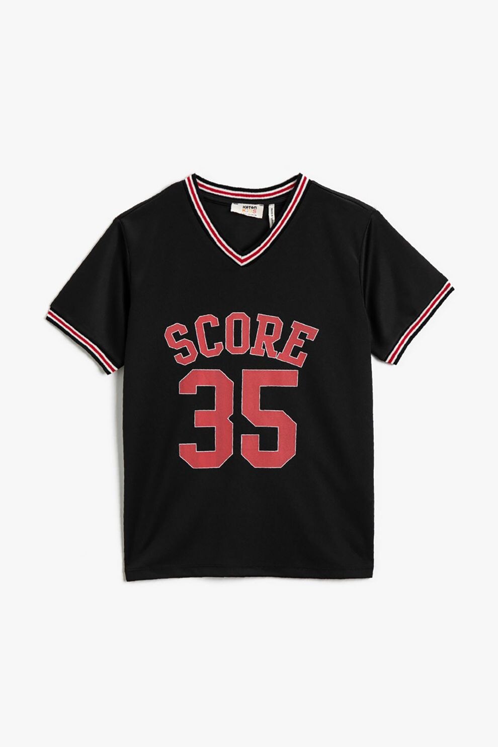 KOTON, Tricou cu decolteu in V si imprimeu grafic, Negru/Rosu/Alb