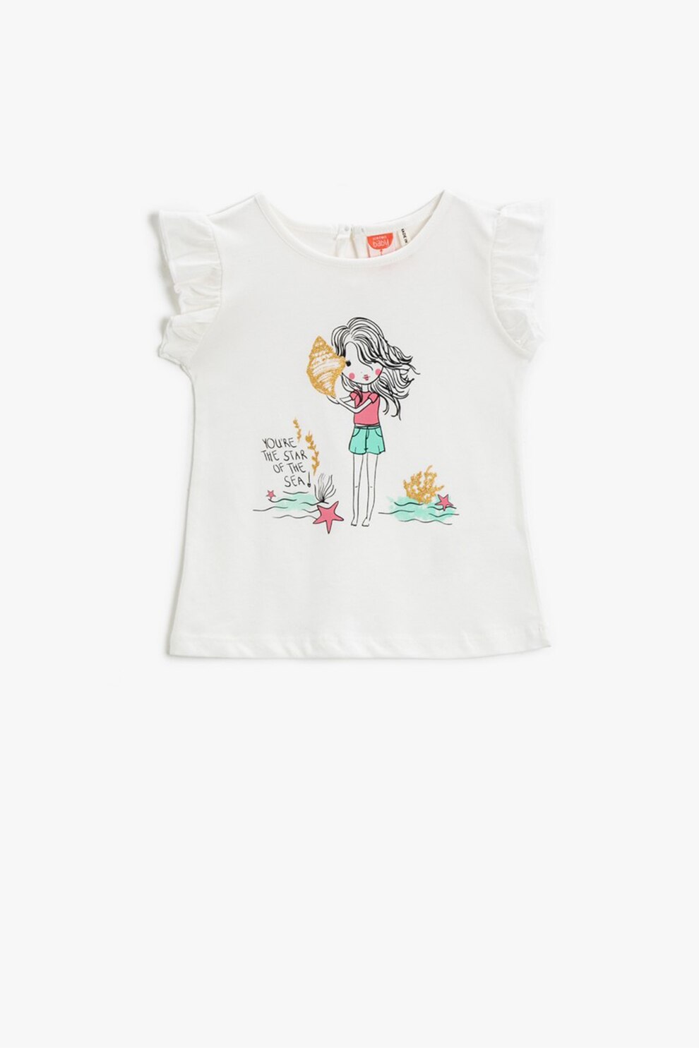 KOTON, Tricou cu imprimeu grafic si maneci cu volane, Alb, 68-74 CM