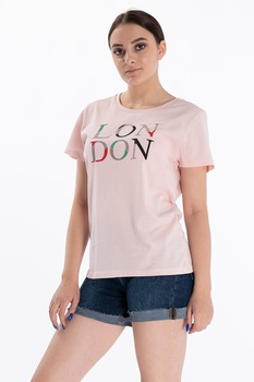 Lee Cooper, Tricou cu decolteu la baza gatului si imprimeu text, Roz Lee Cooper, Tricou cu decolteu la baza gatului si imprimeu text, Roz