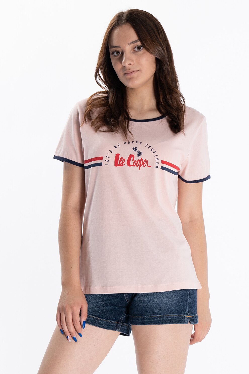 Lee Cooper, Tricou din bumbac cu decolteu rotund si imprimeu logo, Roz/Bleumarin, XS