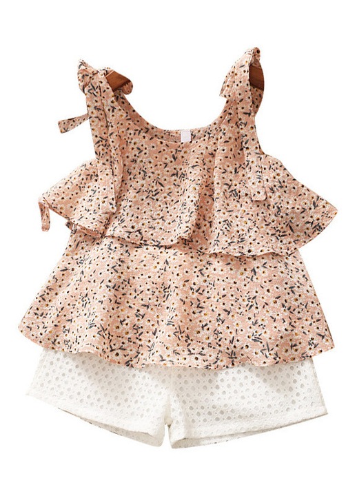 Compleu pentru fete, 3 piese, Zoreya, pantaloni scurti, top cu volane si palarie cu funda