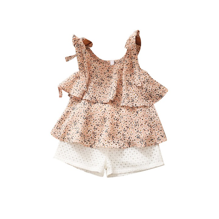 Compleu pentru fete, 3 piese, Zoreya, pantaloni scurti, top cu volane si palarie cu funda