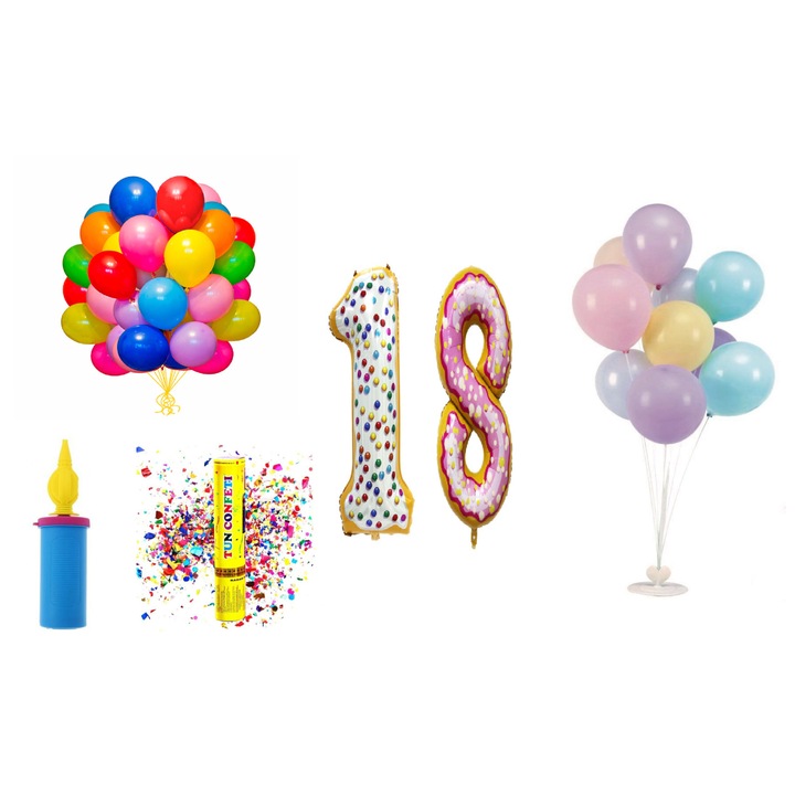 Születésnapi lufi szett, 18 éves, nagykorú, fánk modell, 60 db