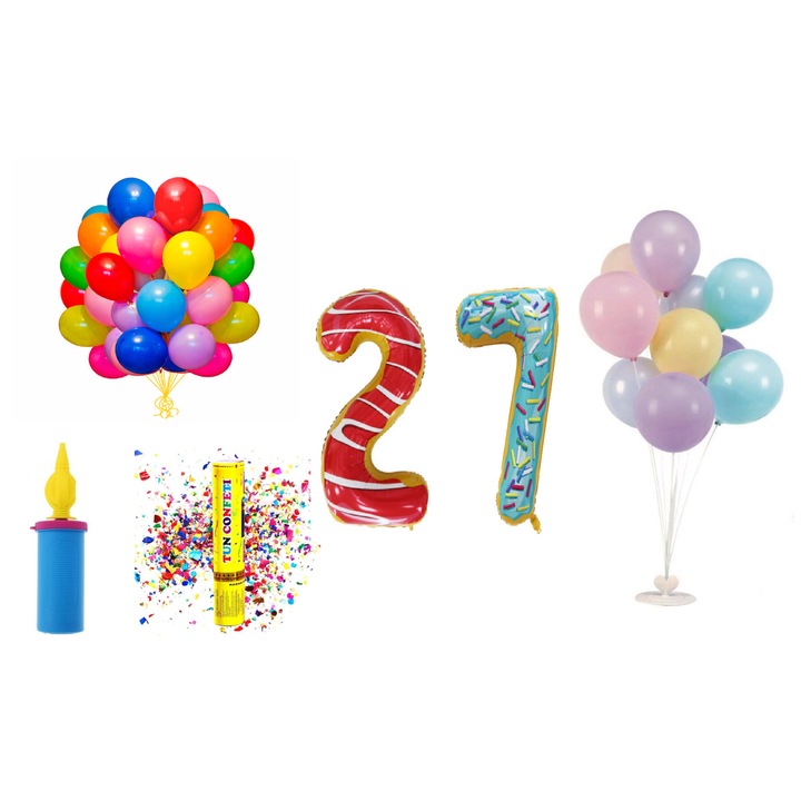 Születésnapi lufi szett, 27 év, fánkos modell, 60 db