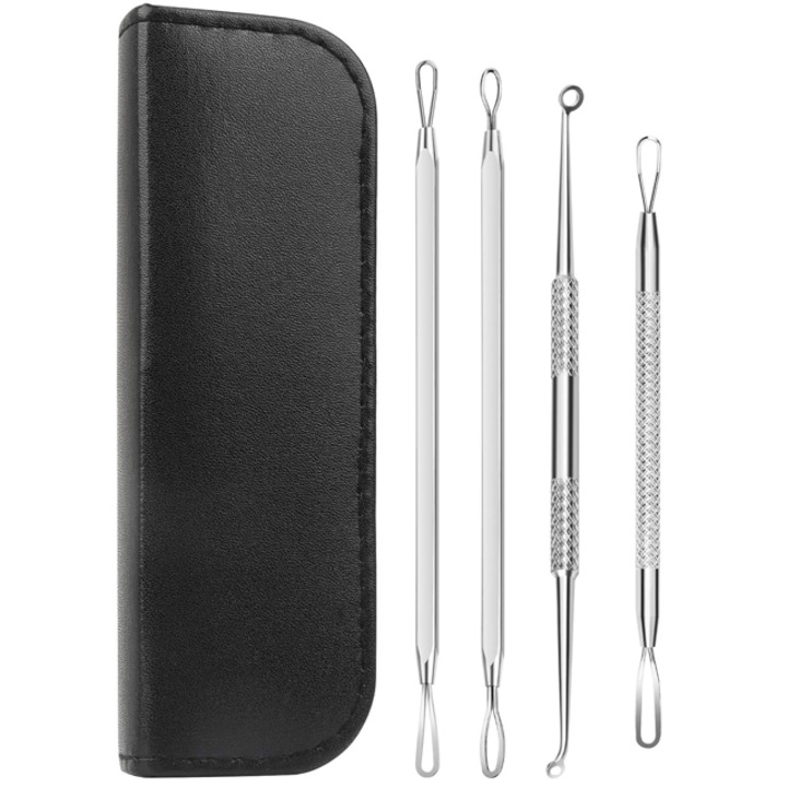 Kit 4 piese extractie comedoane si puncte negre, argintiu, etui inclus