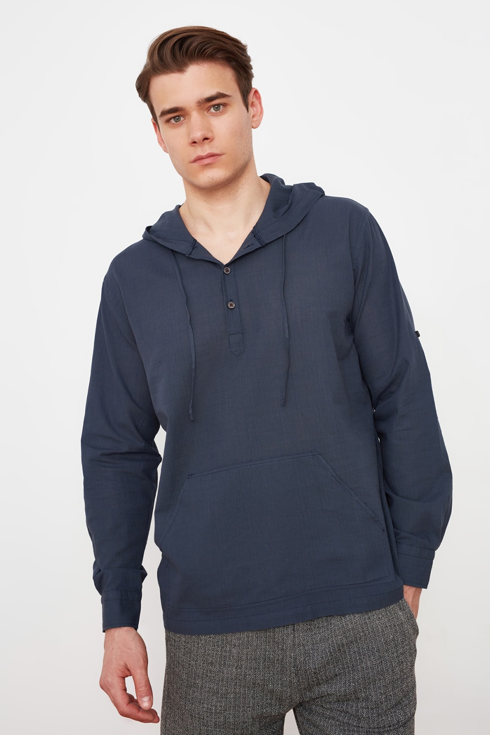 Trendyol, Hanorac din bumbac cu buzunar kangaroo, Bleumarin