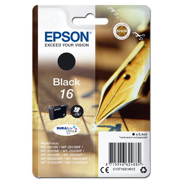 Cartus cerneala Epson Black 16 T1621 pentru Workpentruce WF-2010W / Workpentruce WF-2750DWF, 175pagini OEM C13T16214010