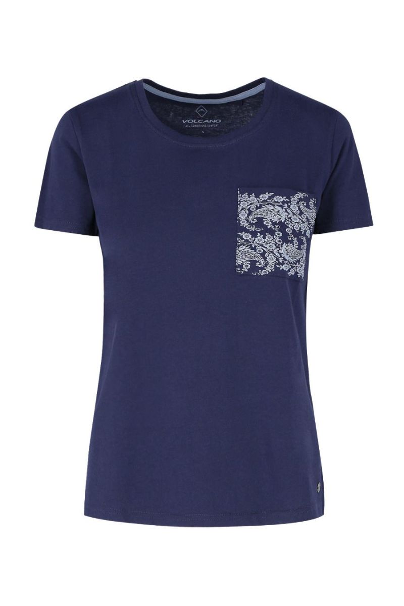 Tricou dama, Volcano, L02004-S20 600, Buzunar pe piept, Bumbac, Bleumarin, Bleumarin