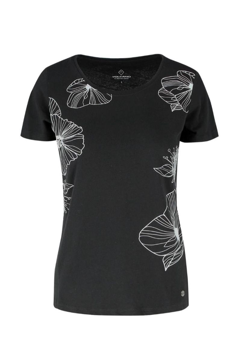 Tricou dama, Volcano, L02003-S20, Floral, Bumbac, Negru