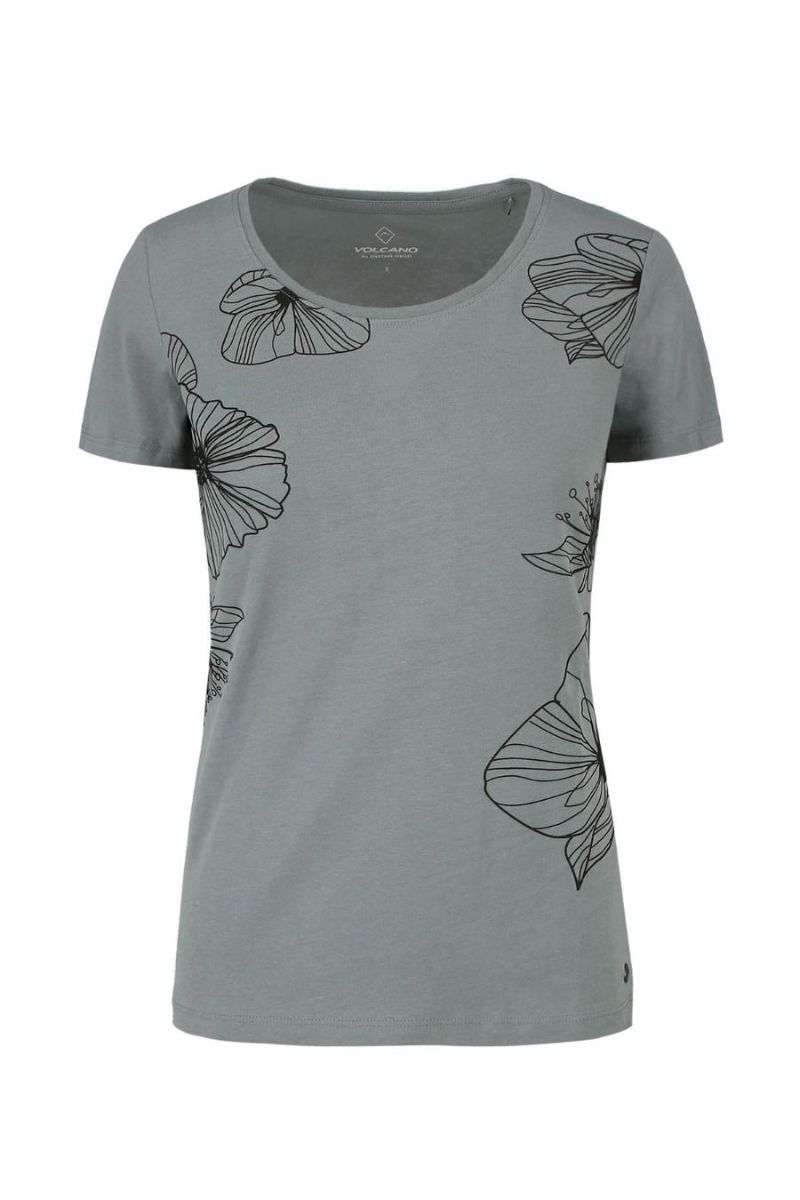 Tricou dama, Volcano, L02003-S20, Floral, Bumbac, Gri