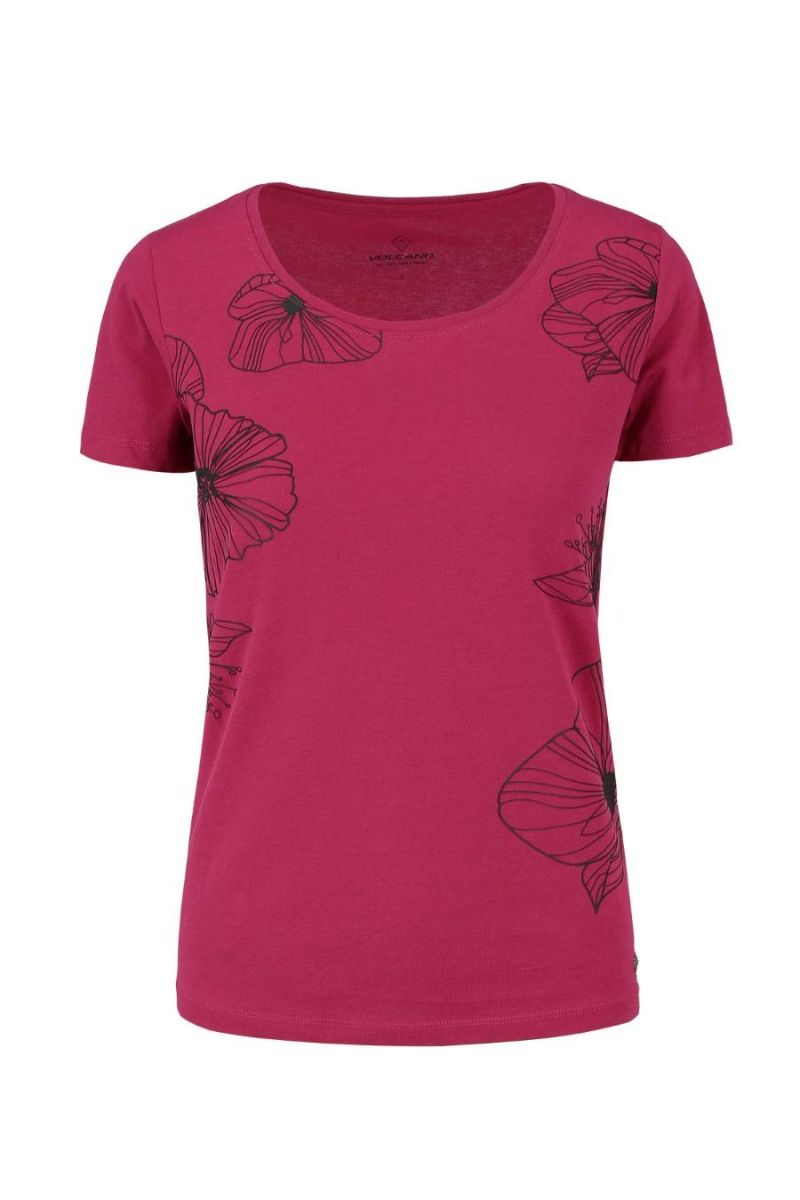 Tricou dama, Volcano, L02003-S20, Floral, Bumbac, Roz