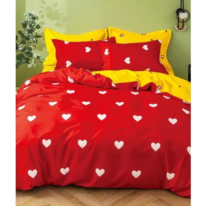 Спален комплект TM White Hearts, памучен сатен, 4 части + 2 възглавници и завивка