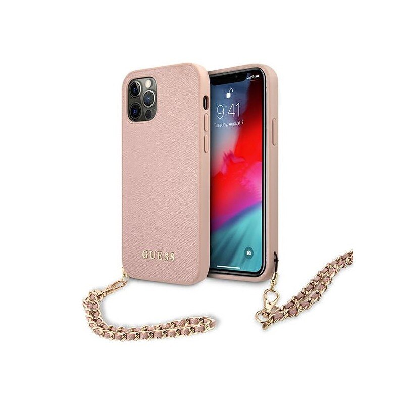 Husa Spate Premium Guess Compatibila Cu iPhone 12 Pro Max, Colectia Saffiano Chain, Roz- 4224